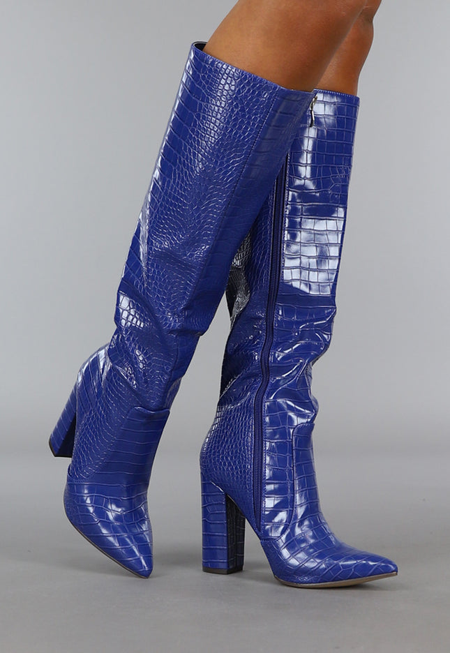 SALE30 Donkerblauwe Croco Laars met Spitse Neus