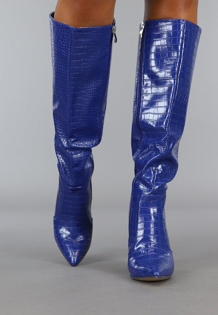 SALE30 Donkerblauwe Croco Laars met Spitse Neus