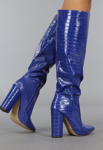 SALE30 Donkerblauwe Croco Laars met Spitse Neus