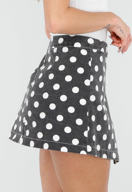 SALE30 Donkergrijze Denim Rok met Witte Stippen