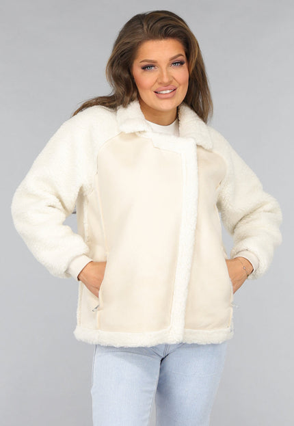 SALE30 Ecru Suèdelook Biker Jas met Teddy Mouwen
