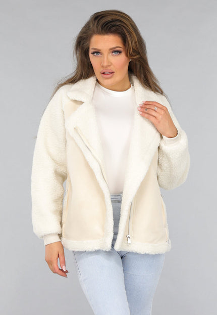 SALE30 Ecru Suèdelook Biker Jas met Teddy Mouwen