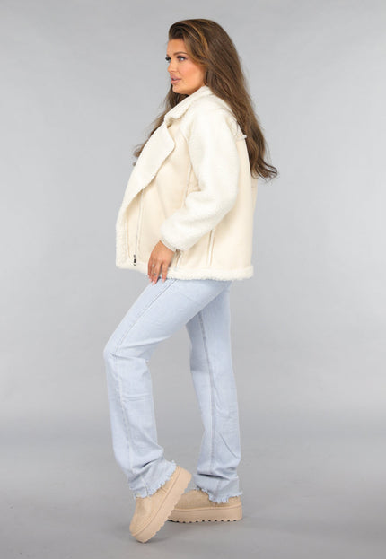 SALE30 Ecru Suèdelook Biker Jas met Teddy Mouwen