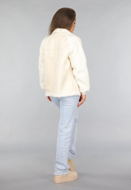 SALE30 Ecru Suèdelook Biker Jas met Teddy Mouwen