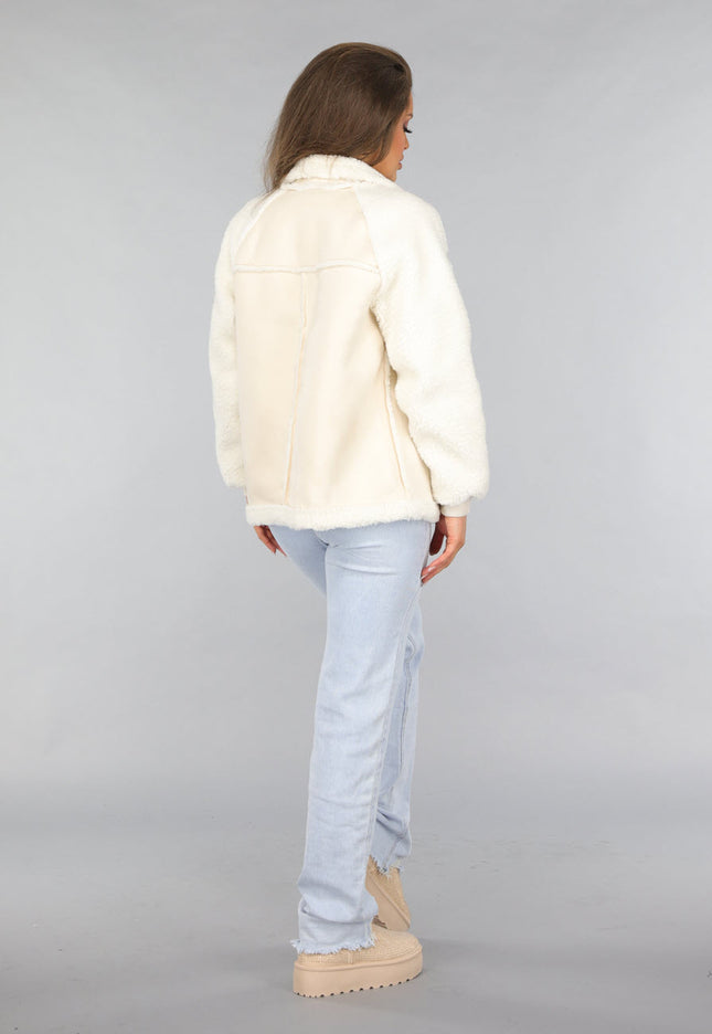 SALE30 Ecru Suèdelook Biker Jas met Teddy Mouwen
