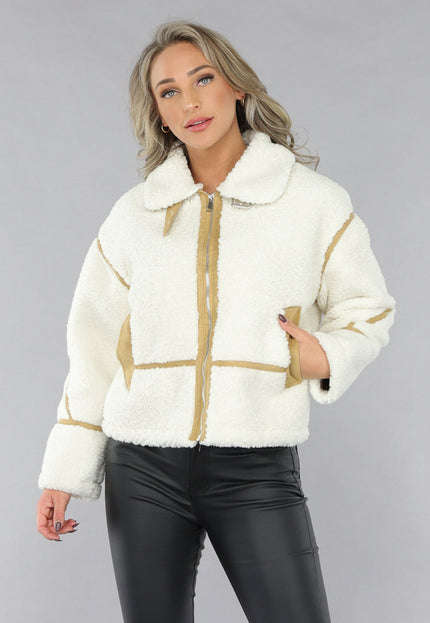 SALE30 Ecru Teddy Jas met Suède Camel Details