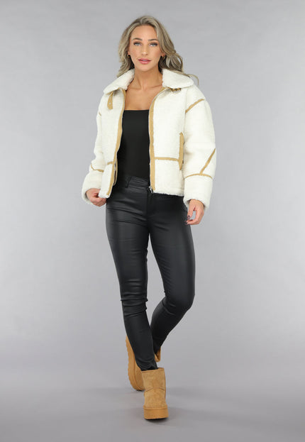 SALE30 Ecru Teddy Jas met Suède Camel Details