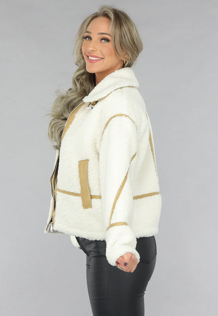 SALE30 Ecru Teddy Jas met Suède Camel Details