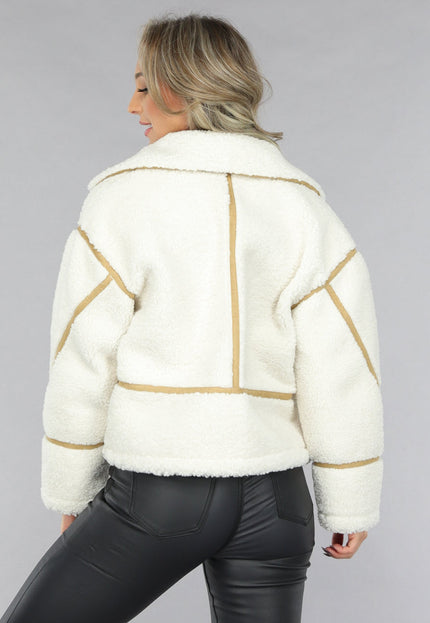 SALE30 Ecru Teddy Jas met Suède Camel Details