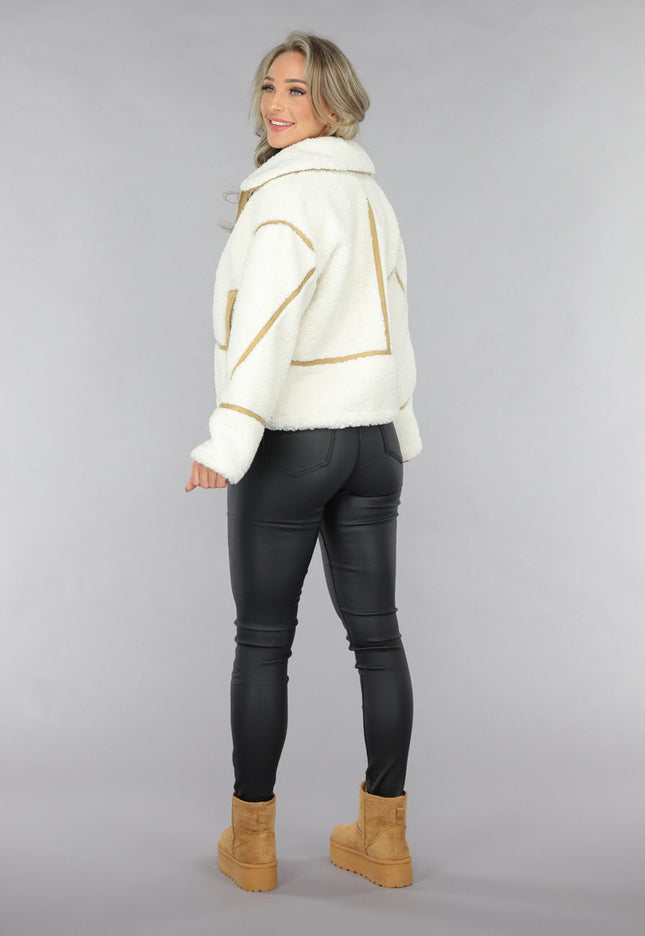 SALE30 Ecru Teddy Jas met Suède Camel Details