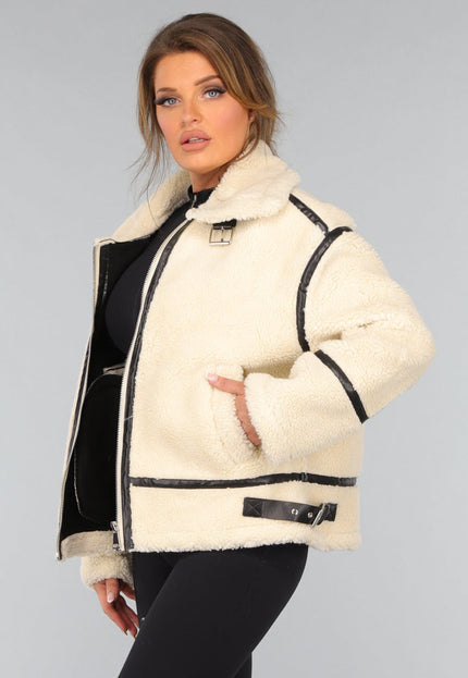 SALE30 Ecru Teddy Jas met Zwarte Details