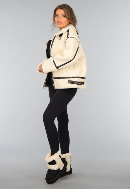 SALE30 Ecru Teddy Jas met Zwarte Details