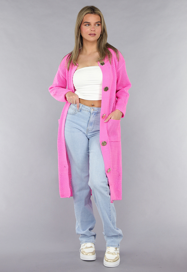 SALE30 Felroze Oversized Gebreide Cardigan met Gouden Knopen