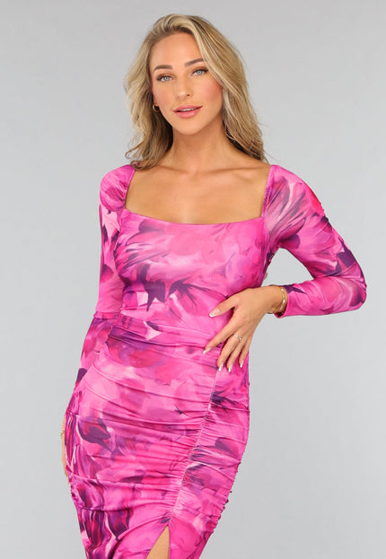 SALE30 Fuchsia Bloemen Jurk met Open Rug
