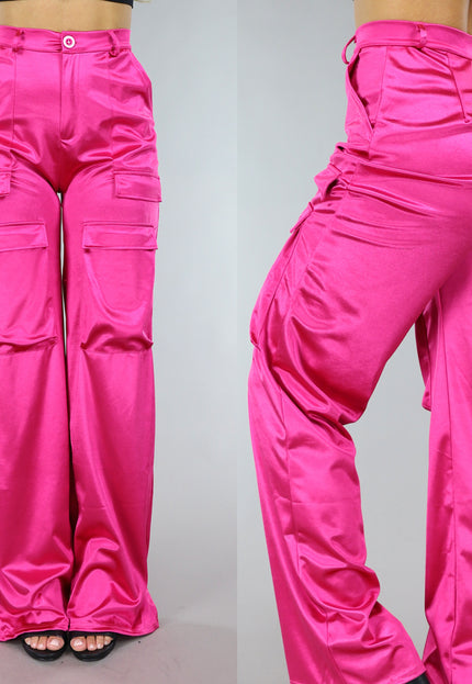 SALE30 Fuchsia Satijnen Tall Cargo Broek