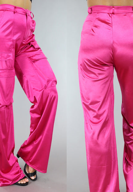 SALE30 Fuchsia Satijnen Tall Cargo Broek