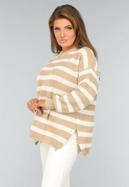 SALE30 Gebreide Camel Trui met Witte Strepen