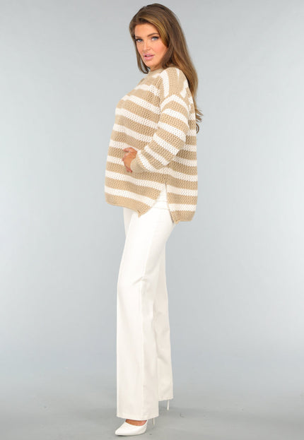 SALE30 Gebreide Camel Trui met Witte Strepen