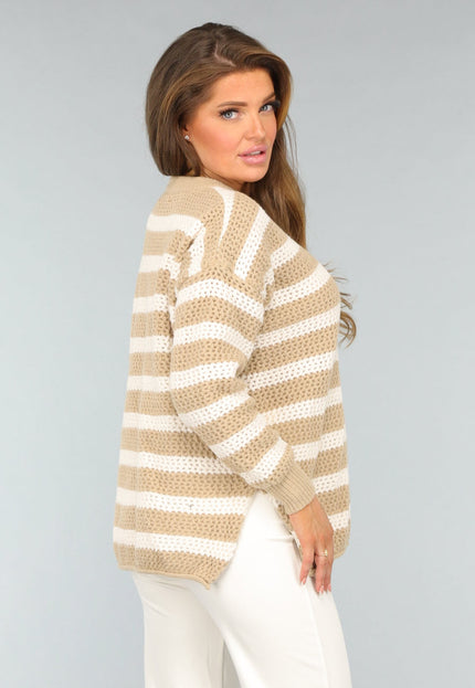 SALE30 Gebreide Camel Trui met Witte Strepen