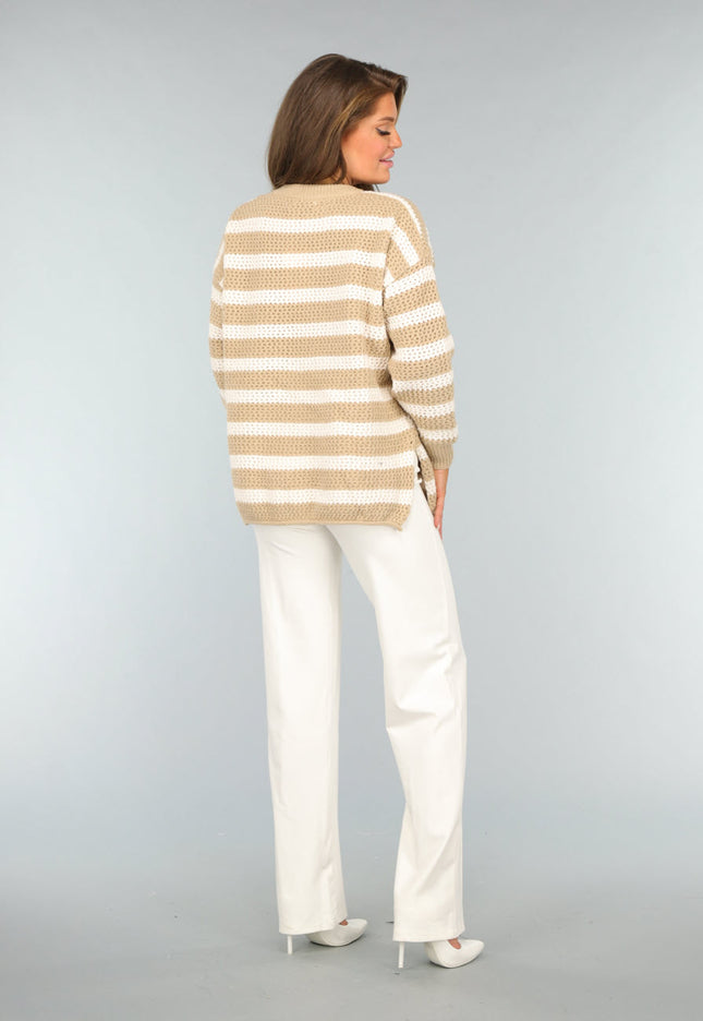SALE30 Gebreide Camel Trui met Witte Strepen