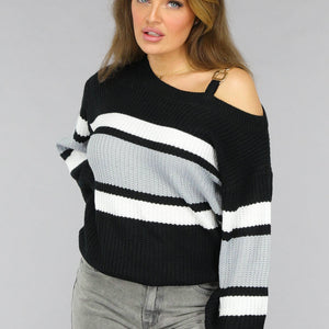 SALE30 Gebreide Gestreepte One Shoulder Trui