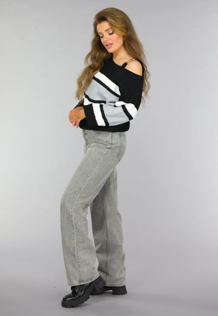SALE30 Gebreide Gestreepte One Shoulder Trui