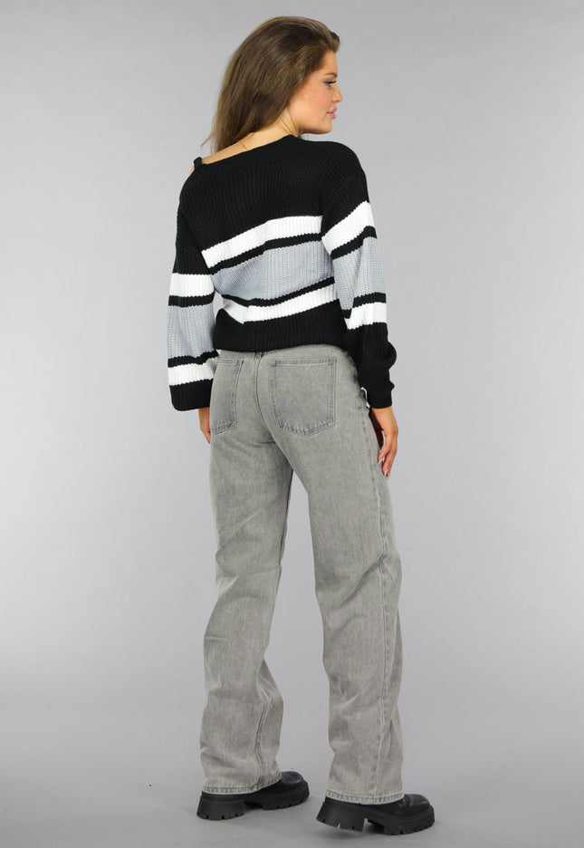 SALE30 Gebreide Gestreepte One Shoulder Trui