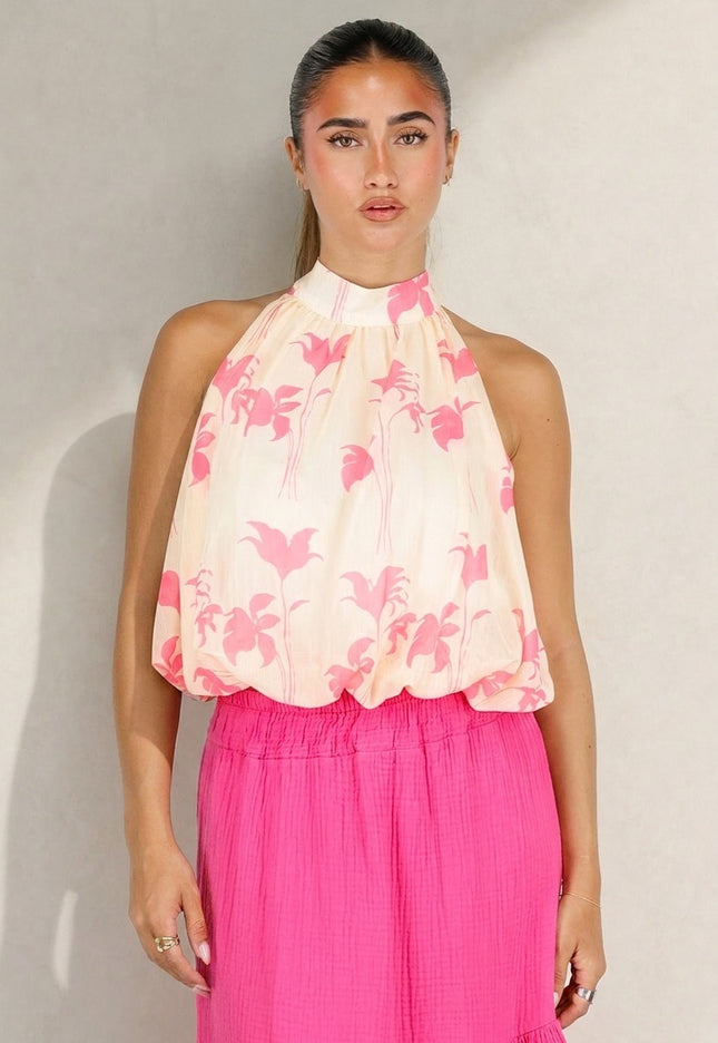 SALE30 Gele Halter Top met Roze Bloemenprint