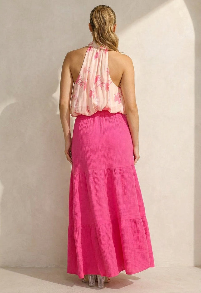 SALE30 Gele Halter Top met Roze Bloemenprint
