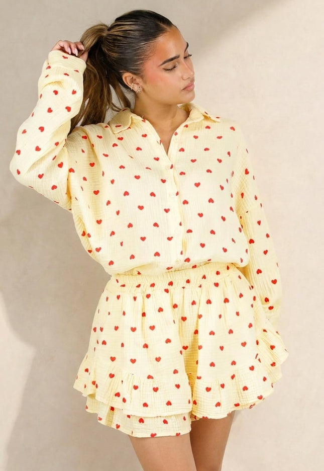 SALE30 Gele Mousseline 2-Piece Set met Hartjesprint