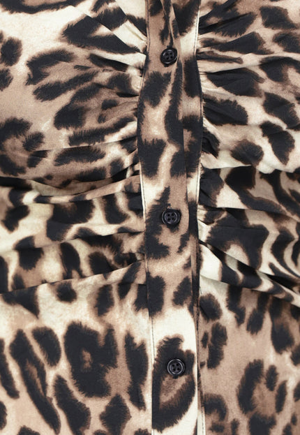 SALE30 Geplooide Longsleeve Midi Jurk met Panterprint