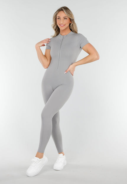 SALE30 Getailleerde Grijze Stretch Sport Jumpsuit met Korte Mouwen