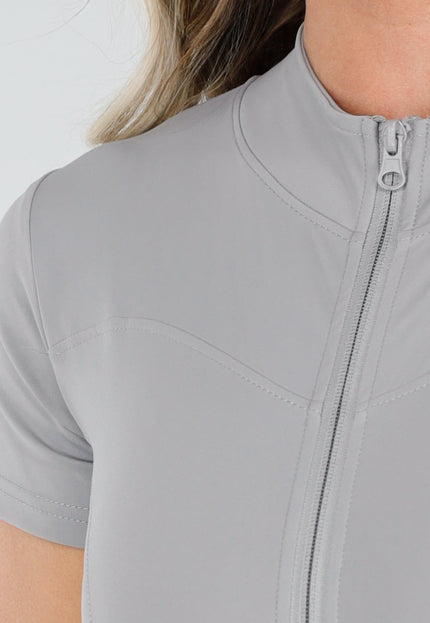 SALE30 Getailleerde Grijze Stretch Sport Jumpsuit met Korte Mouwen