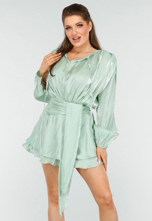 SALE30 Glimmende Mintgroene Jurk met Strik