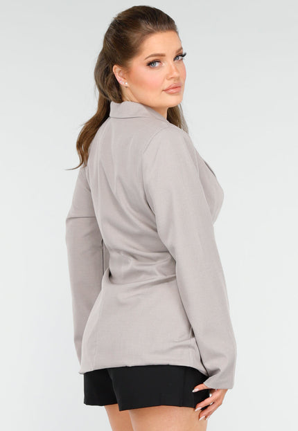 SALE30 Grijze Blazer met Ceintuur en Goudkleurige Gesp