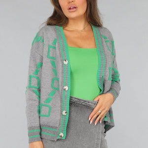 SALE30 Grijze Cardigan met Groene Details