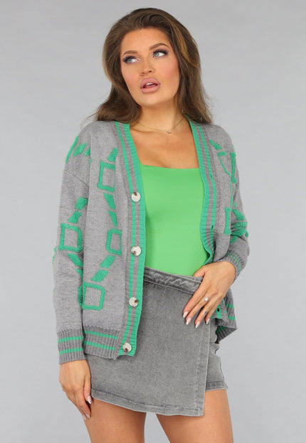 SALE30 Grijze Cardigan met Groene Details