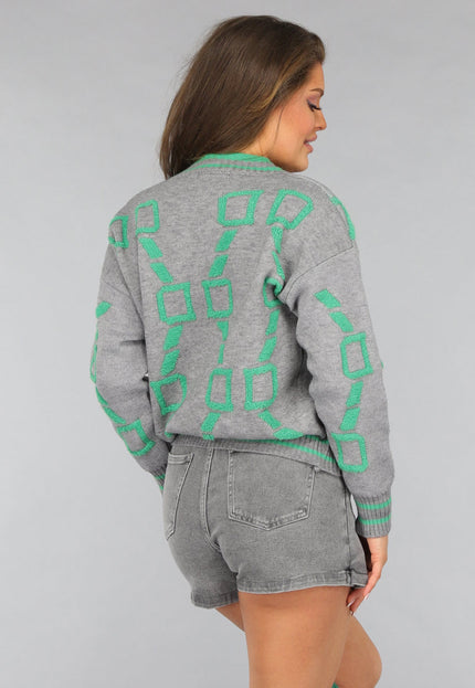SALE30 Grijze Cardigan met Groene Details