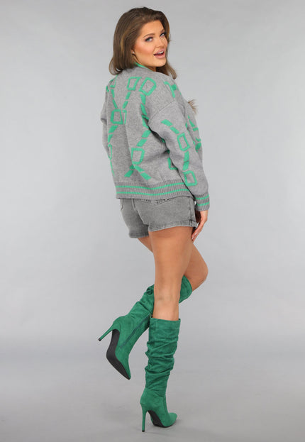 SALE30 Grijze Cardigan met Groene Details