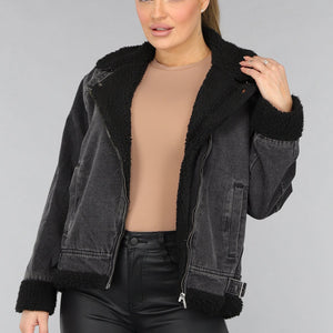 SALE30 Grijze Denim Lammy Coat met Gesp Details