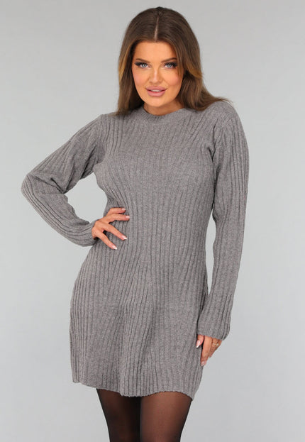 SALE30 Grijze Gebreide Ribjurk met Lange Mouwen