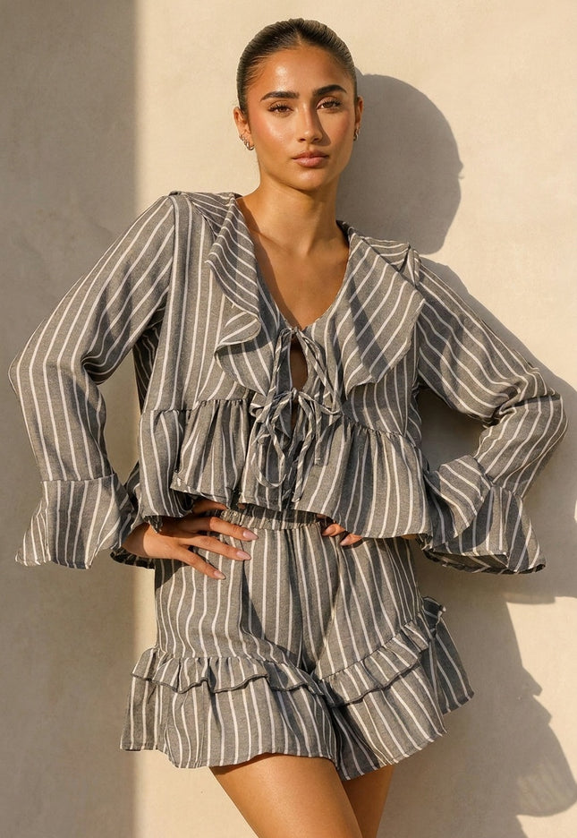 SALE30 Grijze Gestreepte Two Piece Set met Ruches