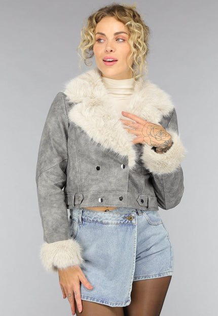 SALE30 Grijze Korte Jas met Beige Bontkraag