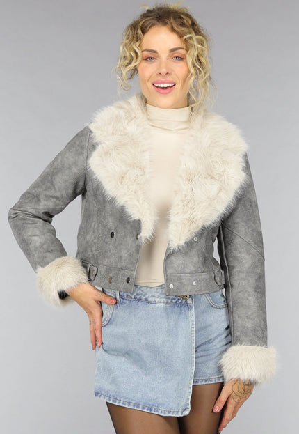 SALE30 Grijze Korte Jas met Beige Bontkraag