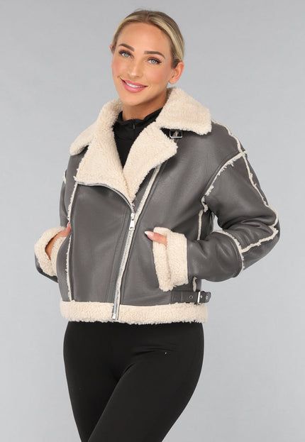 SALE30 Grijze Lederlook Jas met Teddy Voering