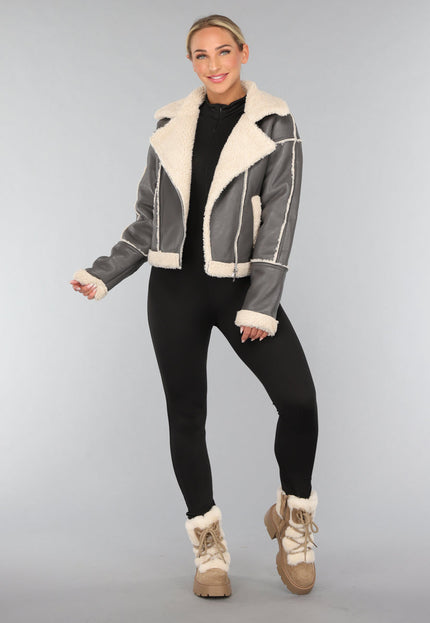 SALE30 Grijze Lederlook Jas met Teddy Voering