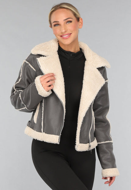 SALE30 Grijze Lederlook Jas met Teddy Voering