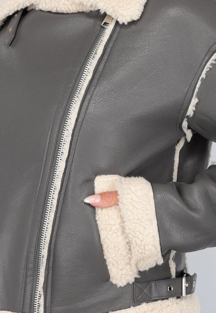 SALE30 Grijze Lederlook Jas met Teddy Voering