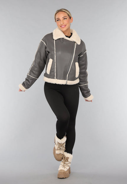 SALE30 Grijze Lederlook Jas met Teddy Voering