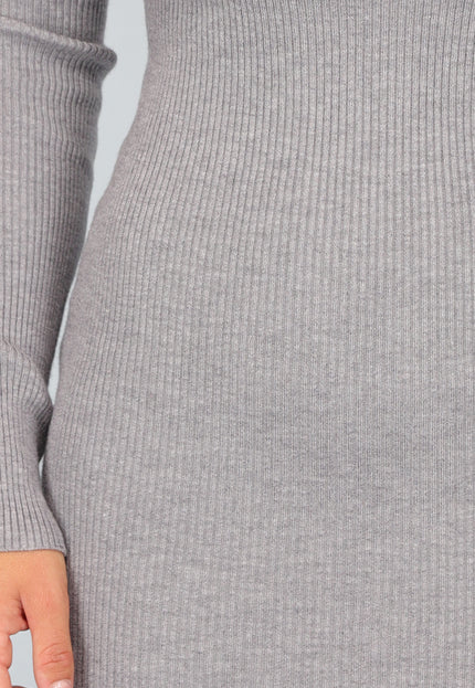 SALE30 Grijze Longsleeve Rib Jurk met Gouden Detail
